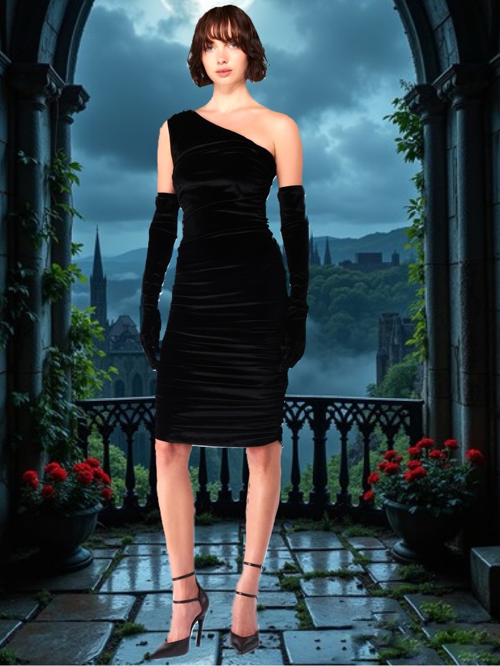 Miscreants London SJP One Shoulder Velvet Midi Dress with Gloves NWOT